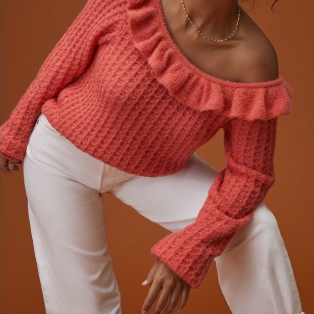 NEW Anthropologie Pink Ruffle Boat Neck Sweater Small